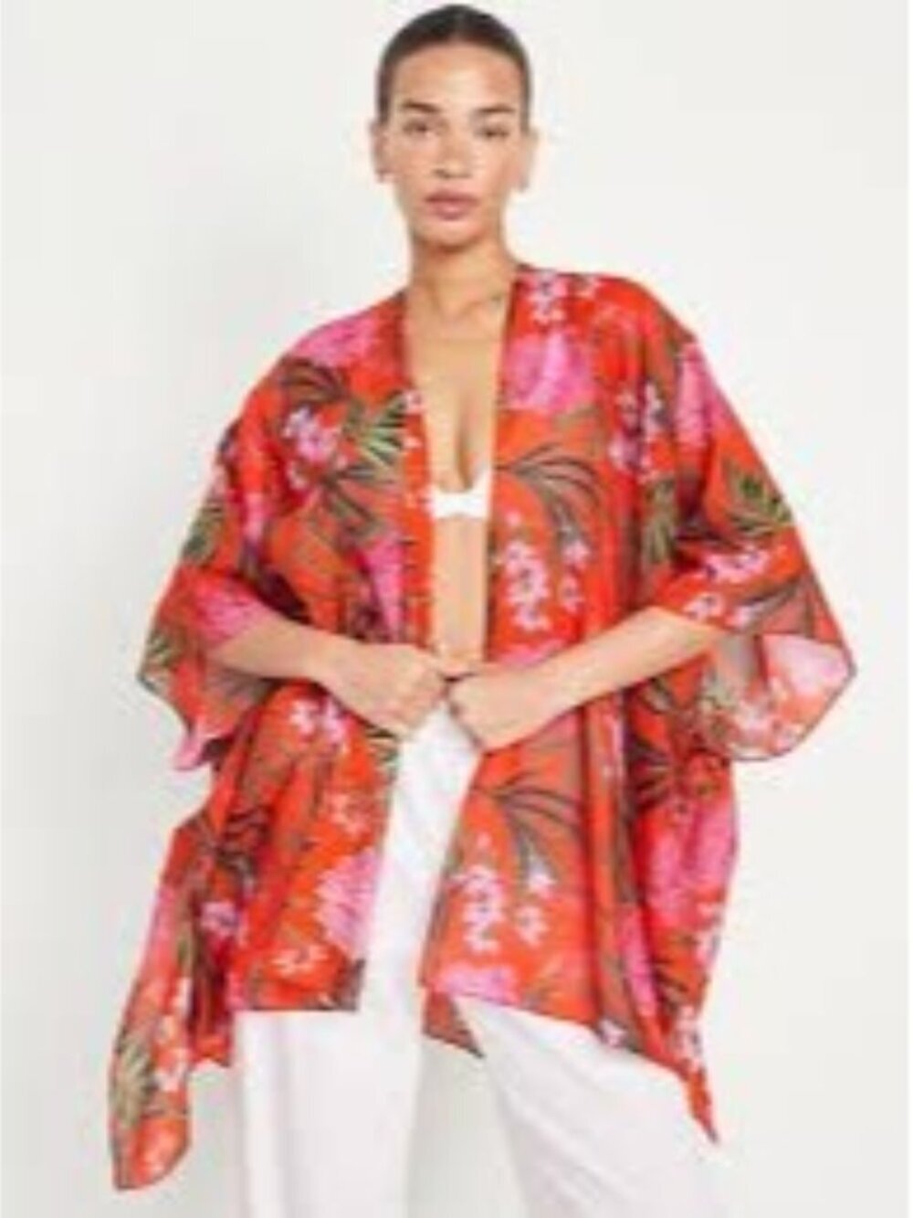 NWT Old Navy Tangerine Floral Hawaiian Kimono Gauzy Open Swim Cover Cardigan
